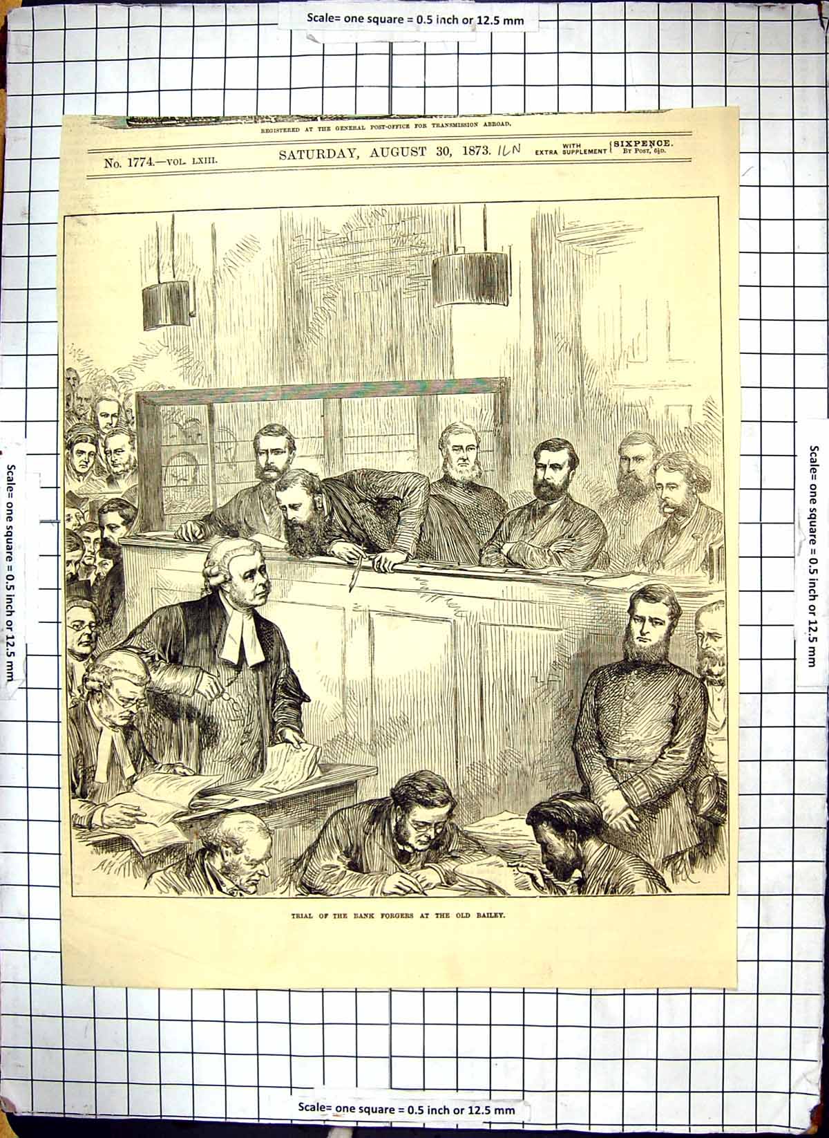 Original Old Antique Print 1873 Bailey Bank Forgers Trial Audience Men 19th