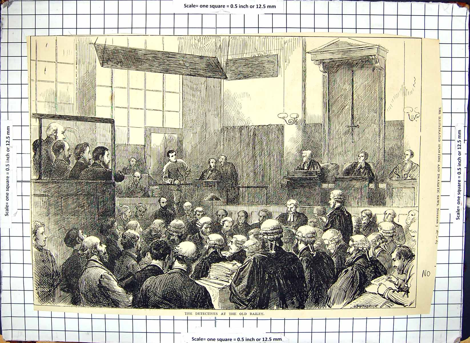 Original Old Antique Print 1877 Bailey Detectives Judges Men Interior Victorian