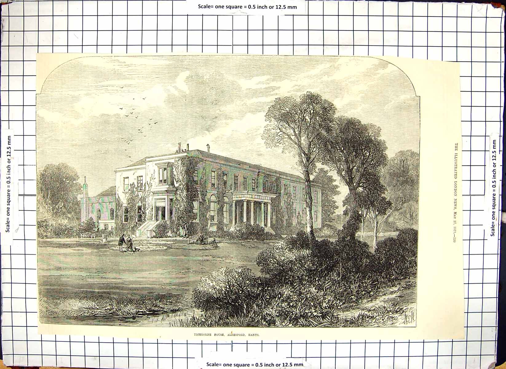 Antique Old Print Tichborne House Alresford Hants Building Architecture 1871