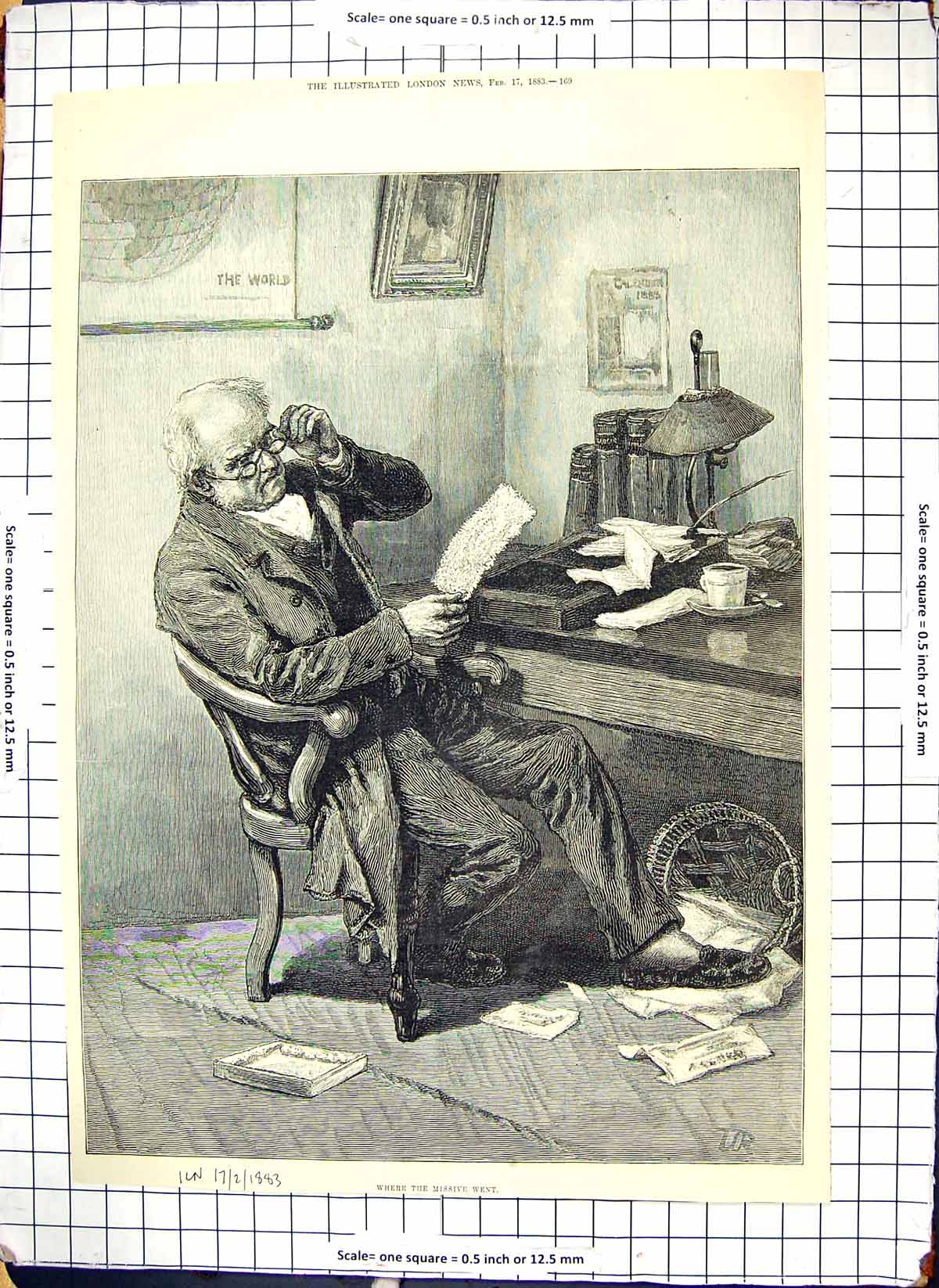 Old Antique Print 1883 Where The Missive Went Man Sitting Reading Indoors 19th