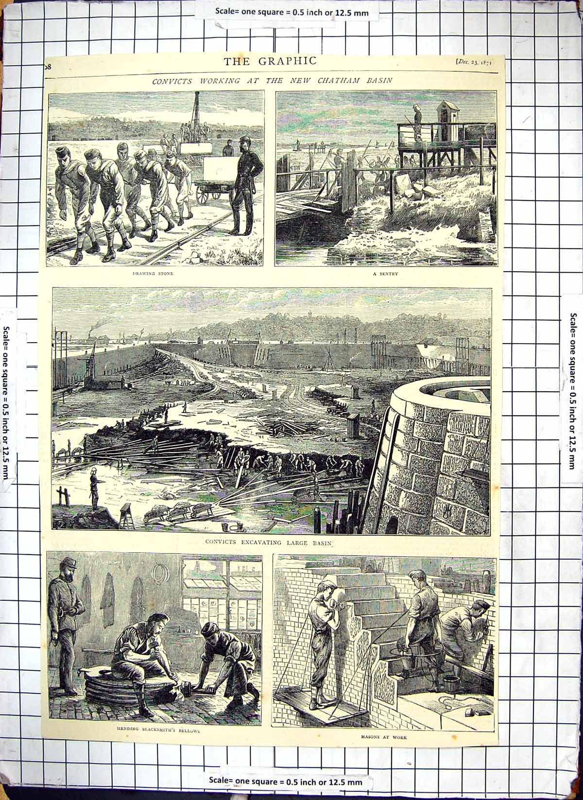 Antique Print Chatham Basin Convicts Working Sentry Masons Blacksmiths 1871