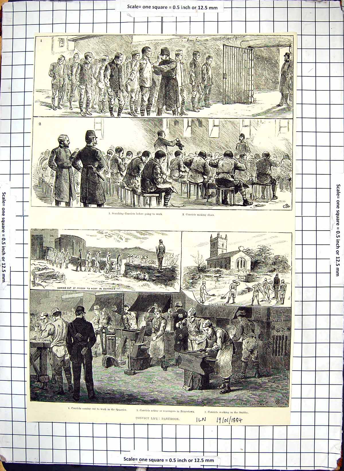 Old Print 1884 Dartmoor Prison Convict Life Smithy Working Quarries 1884 19th