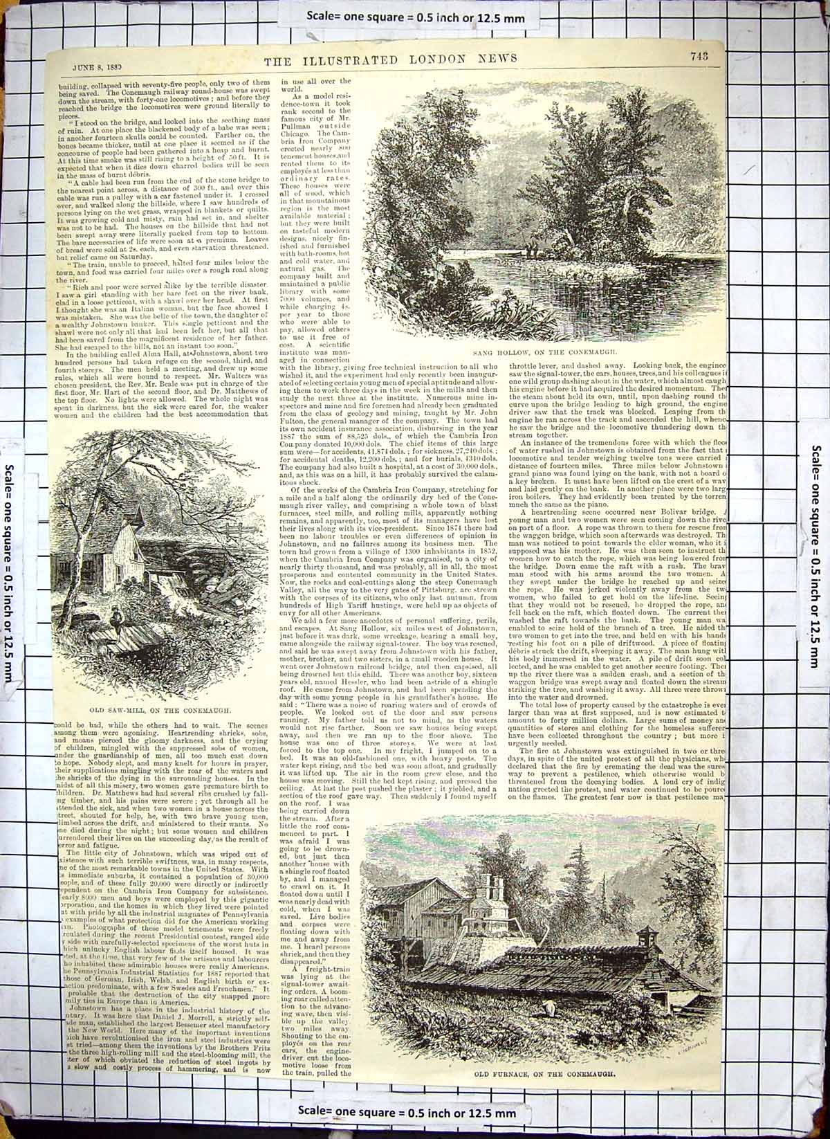 Original Old Antique Print Conemaugh Saw-Mill Sang Hollow Furnace 1889 19th