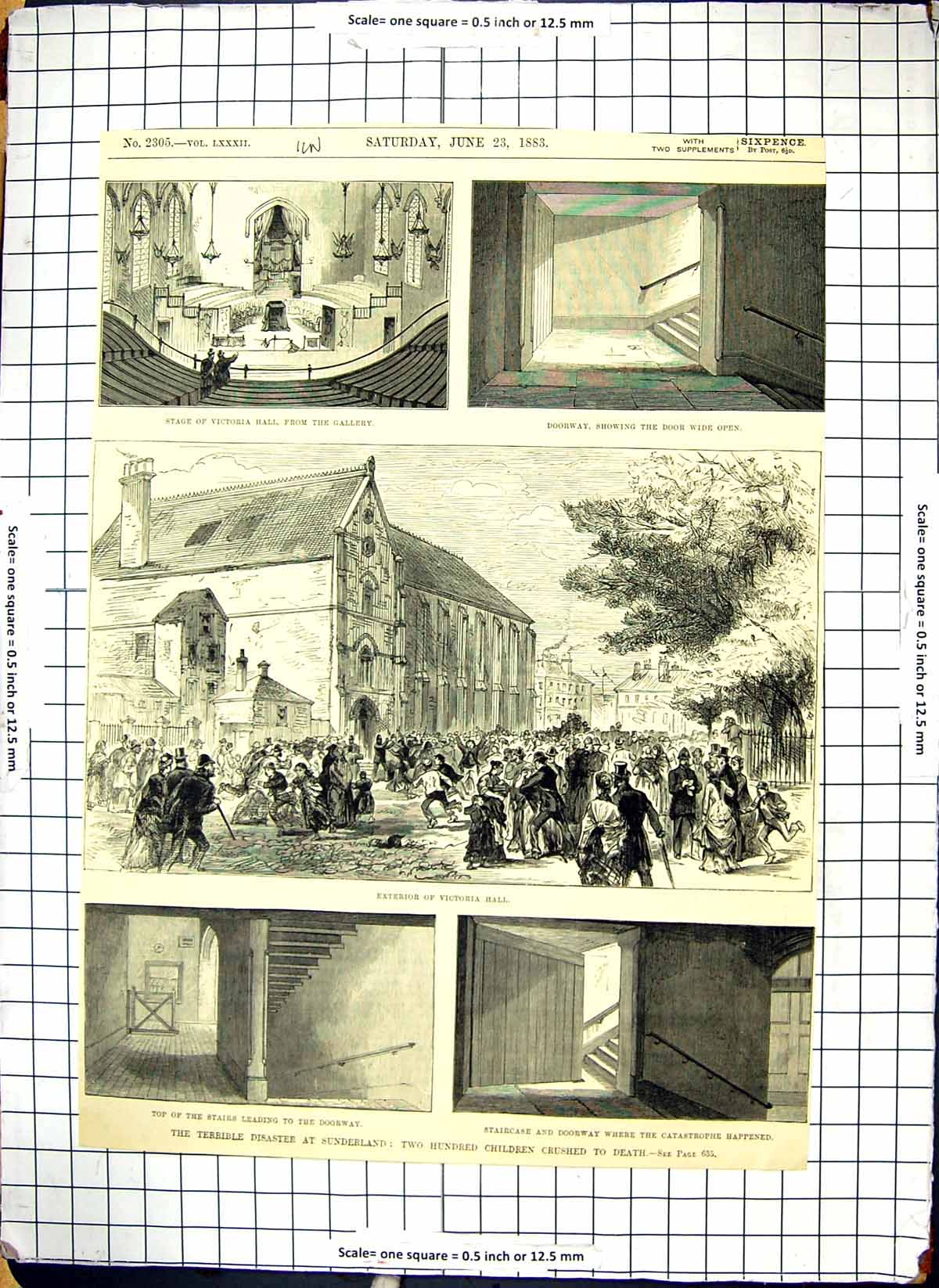 Old Print Victoria Hall Stage Doorway Sunderland Exterior Staircase 1883 19th