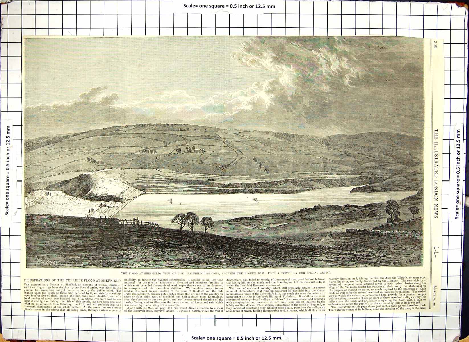 Antique Old Print Sheffield Flood Bradfield Reservoir Broken Dam Hills 1864