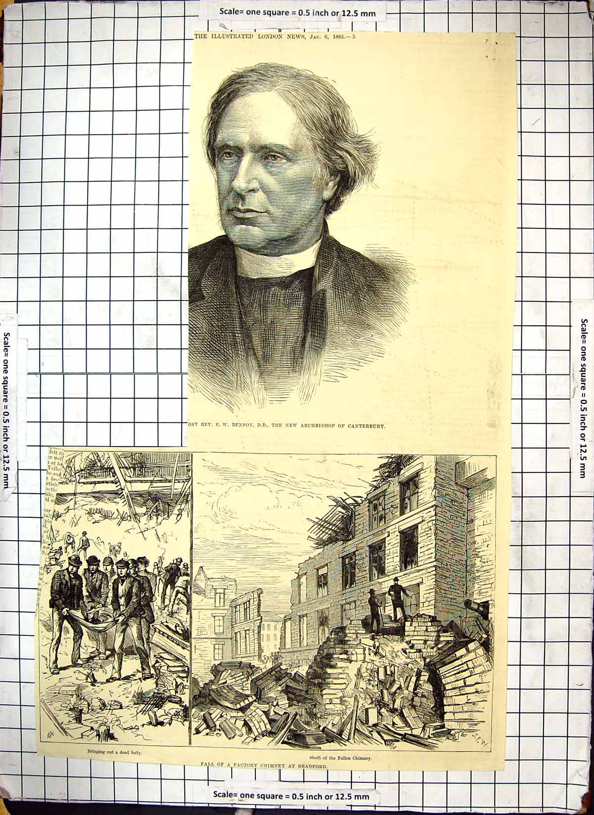Old Print Bradford Factory Fallen Chimney Dead Canterbury Archbishop 1883 19th