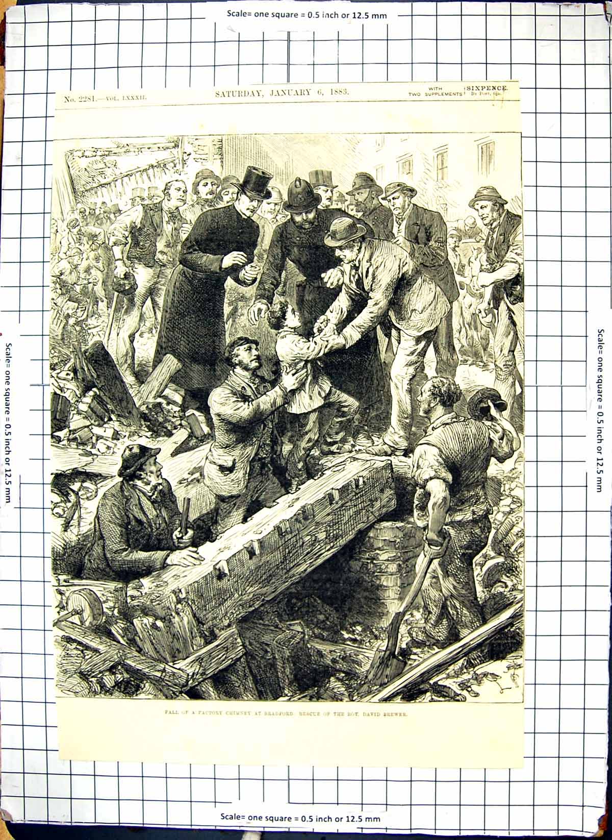 Antique Old Print Bradford Factory Chimney Fall Rescue Boy David Brewer 1883