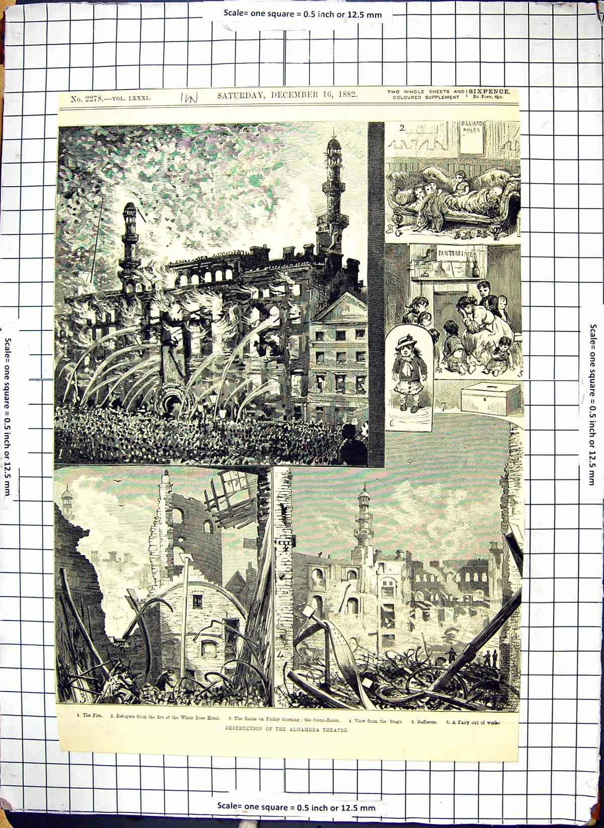 Antique Print Destruction Alhambra Theatre Fire Ruins White Rose Hotel 1882