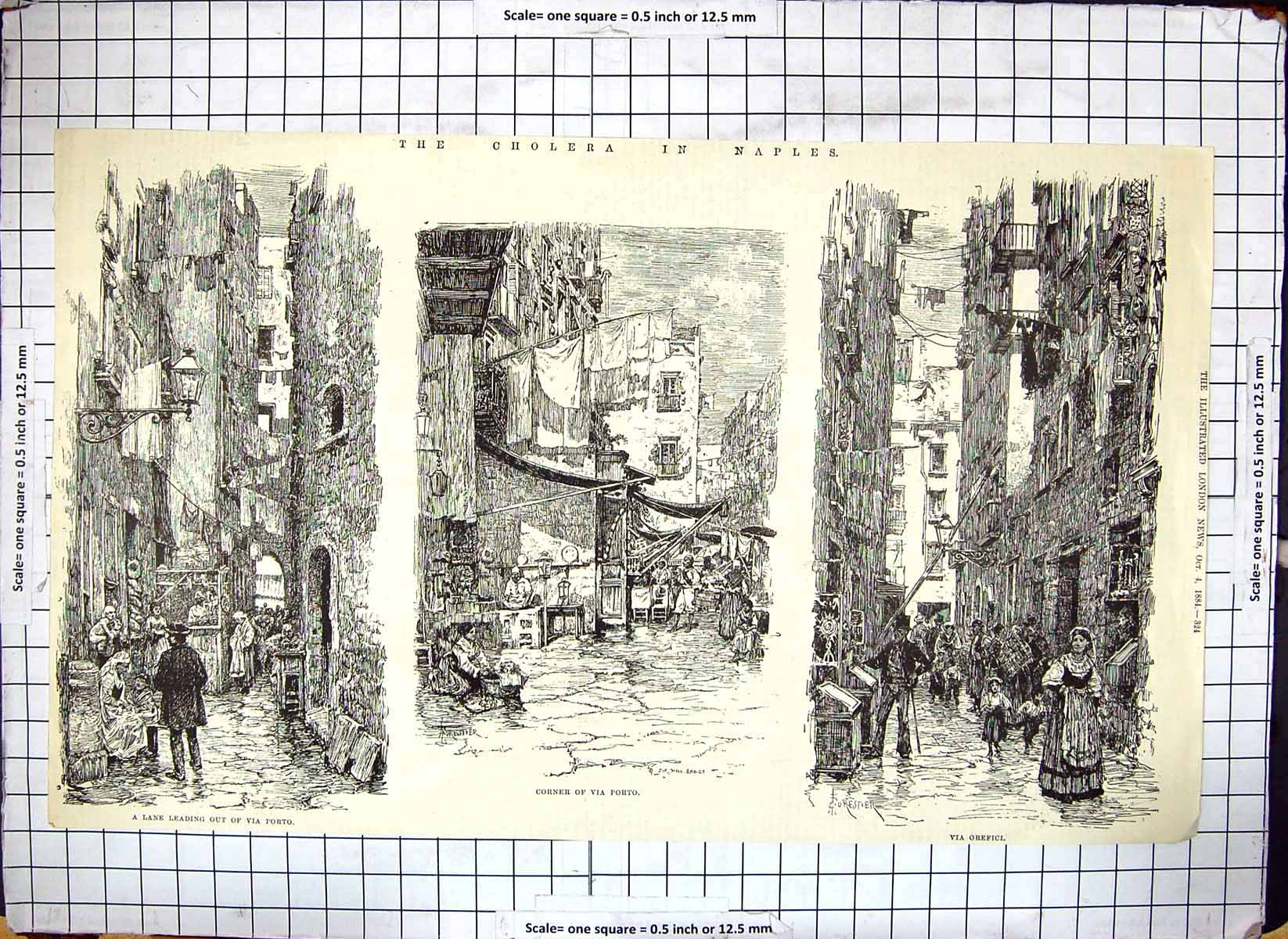 Original Old Antique Print Naples Cholera Lane Corner Via Porto Orefici 1884