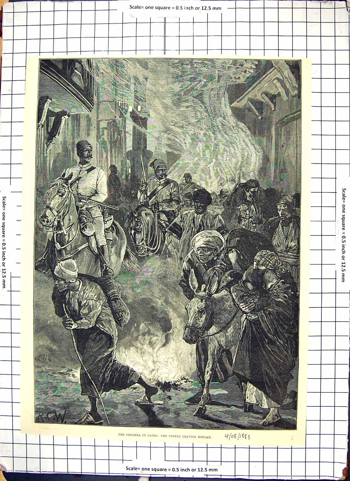 Antique Print Cairo Cholera People Leaving Boulak Donkey Horse Weapons 1883
