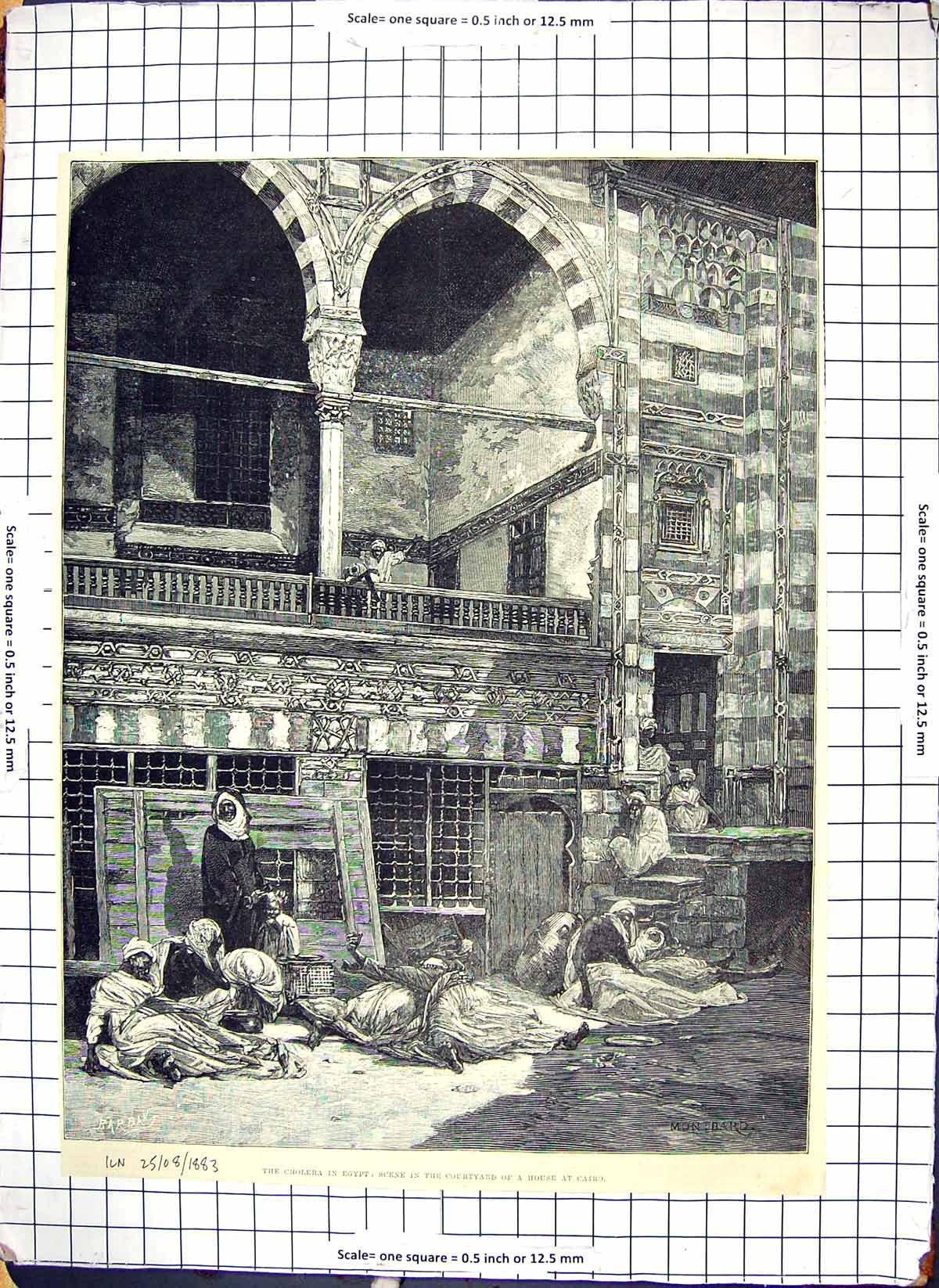 Original Old Antique Print 1883 Egypt Cholera House Courtyard Scene Montbard