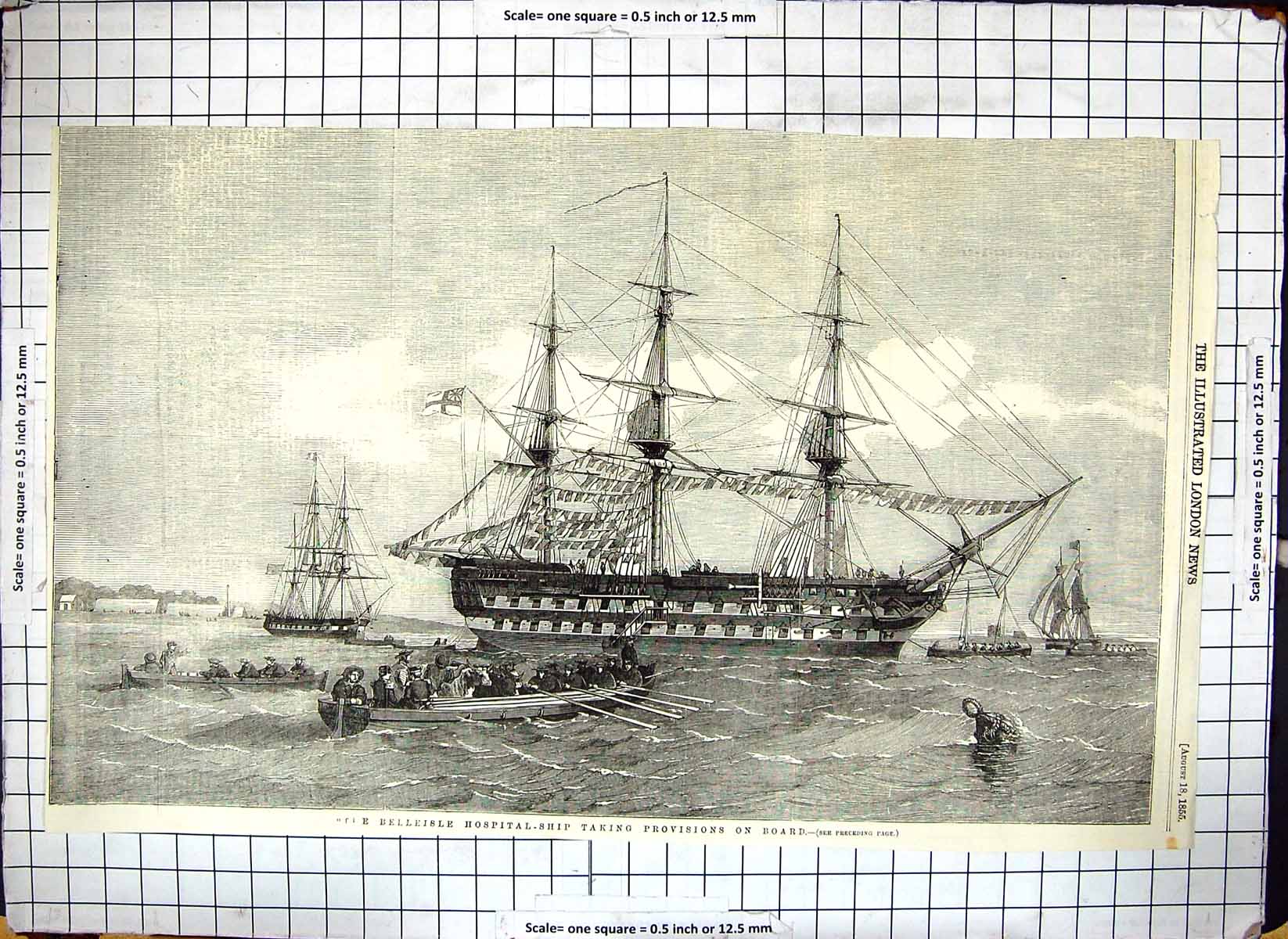 Old Print Belleisle Hospital Ship Taking Provisions On Board 1855 Sailing 19th
