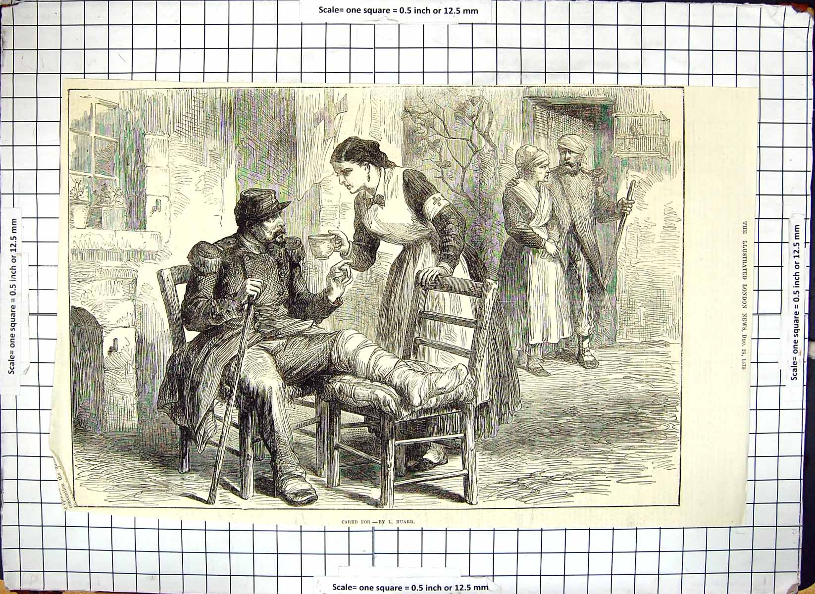 Original Old Antique Print Injured Man Cared For By Woman Nurse 1870 Huard 19th