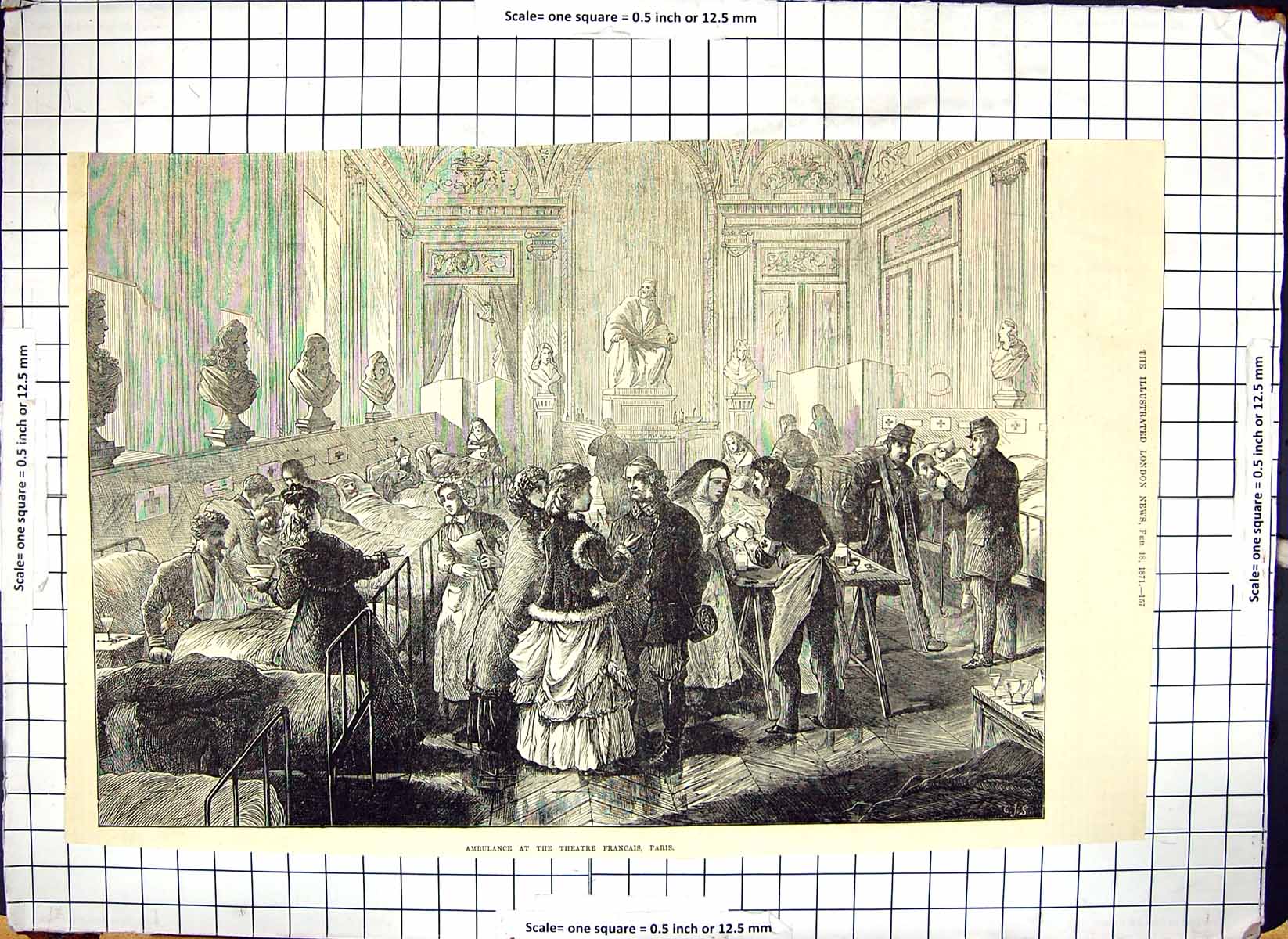 Antique Old Print Ambulance At Theatre Francais Paris Women Men Injured1871
