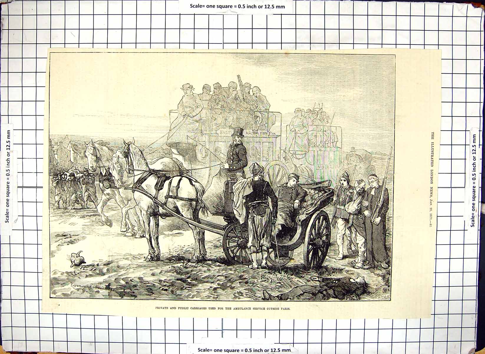 Antique Print Ambulance Service Outside Paris Private Public Carriages 1871