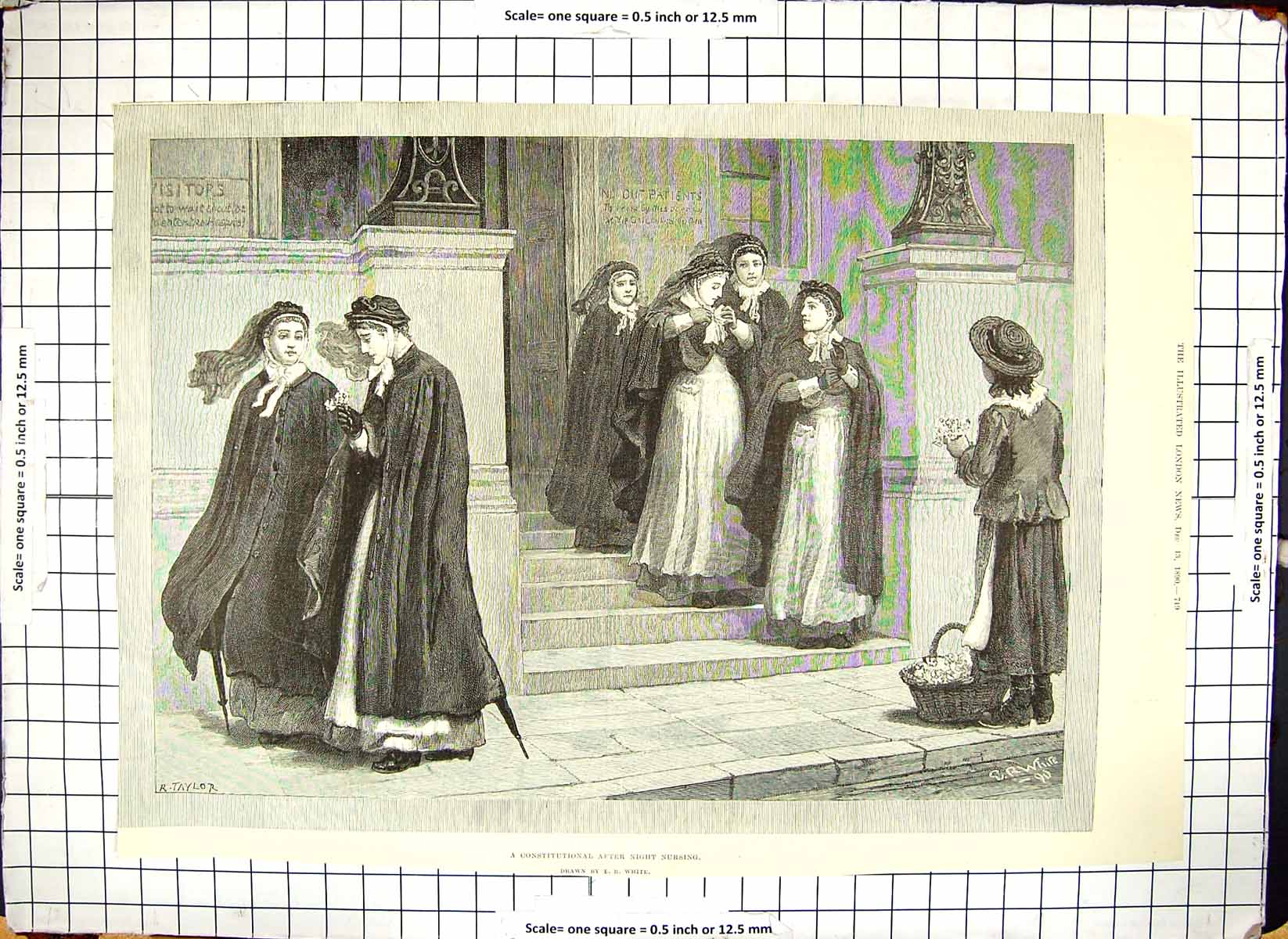 Original Old Antique Print Constitutional After Night Nursing Women White 1890