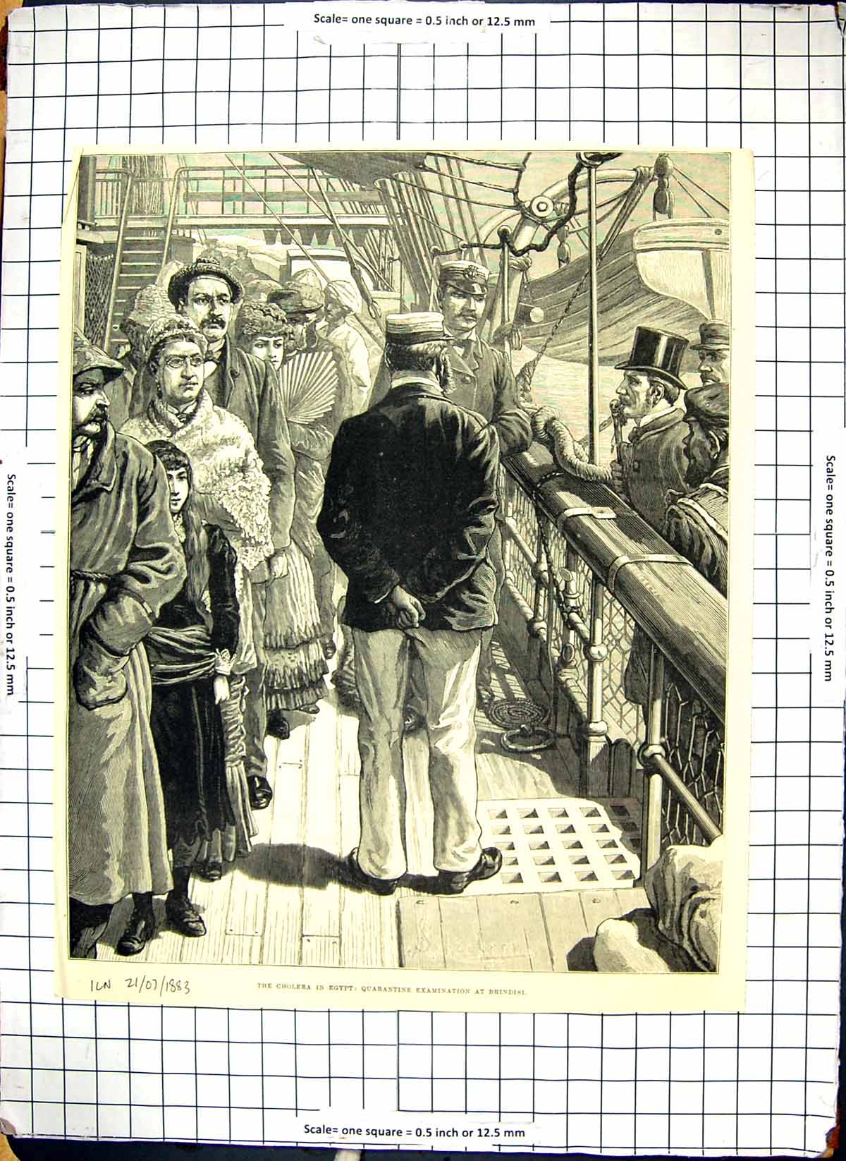 Antique Old Print 1883 Egypt Cholera Quarantine Examination At Brindisi Boat