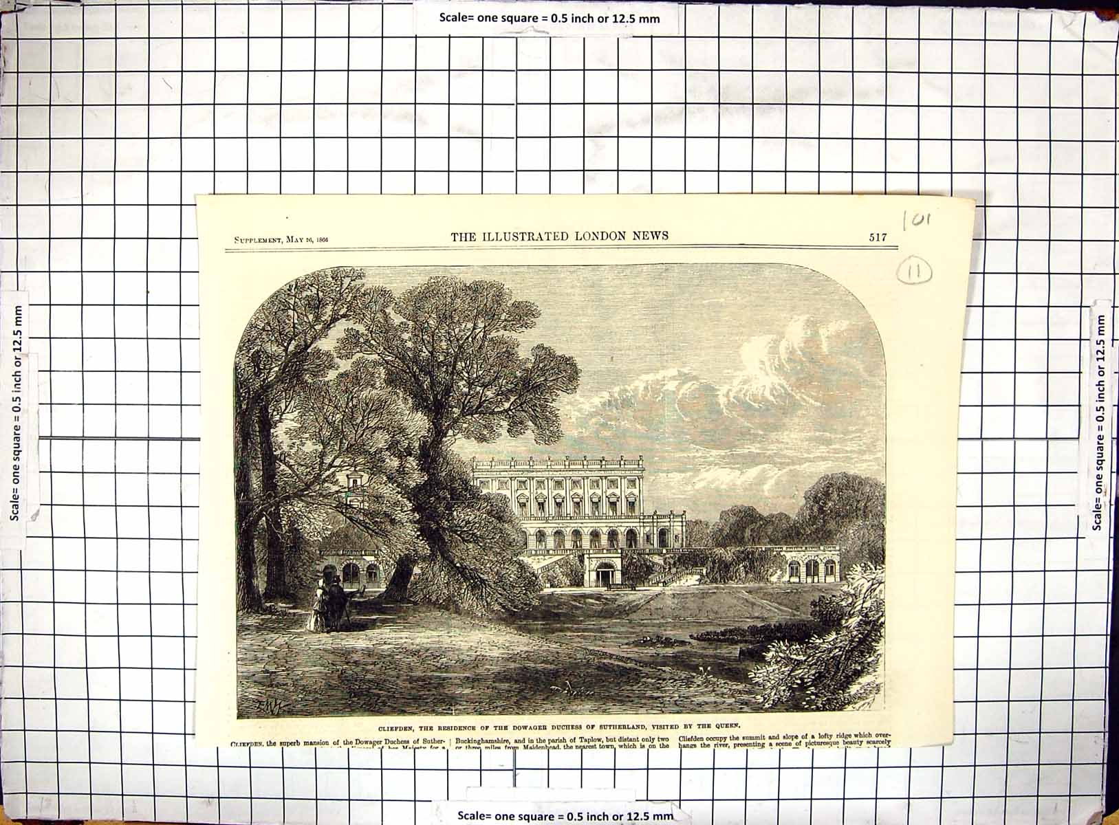 Old Antique Print 1866 Cliefden Dowager Duchess Sutherland Mansion House 19th