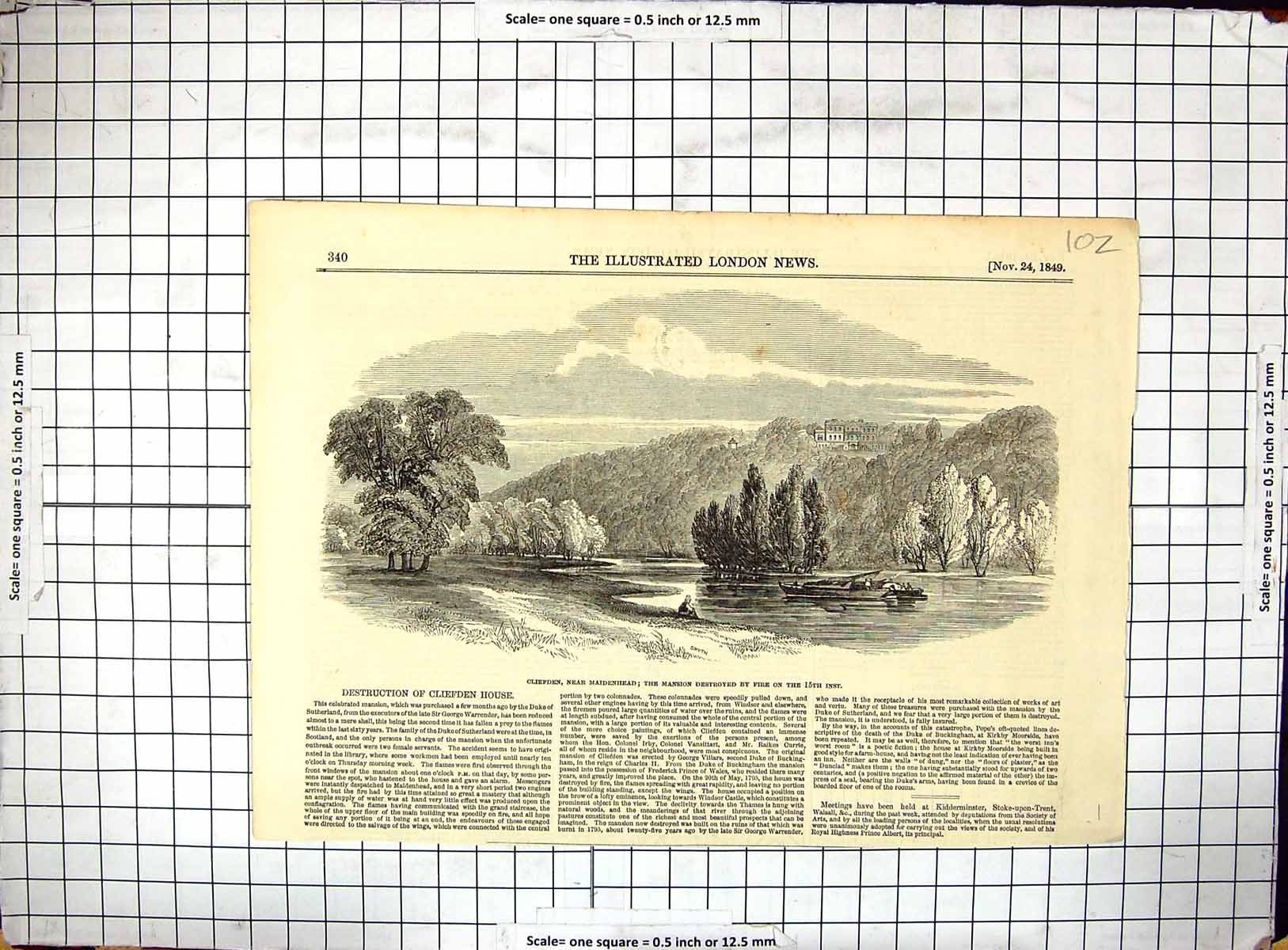 Old Print 1849 View Cliefden Maidenhead Mansion House Duchess Sutherland 19th