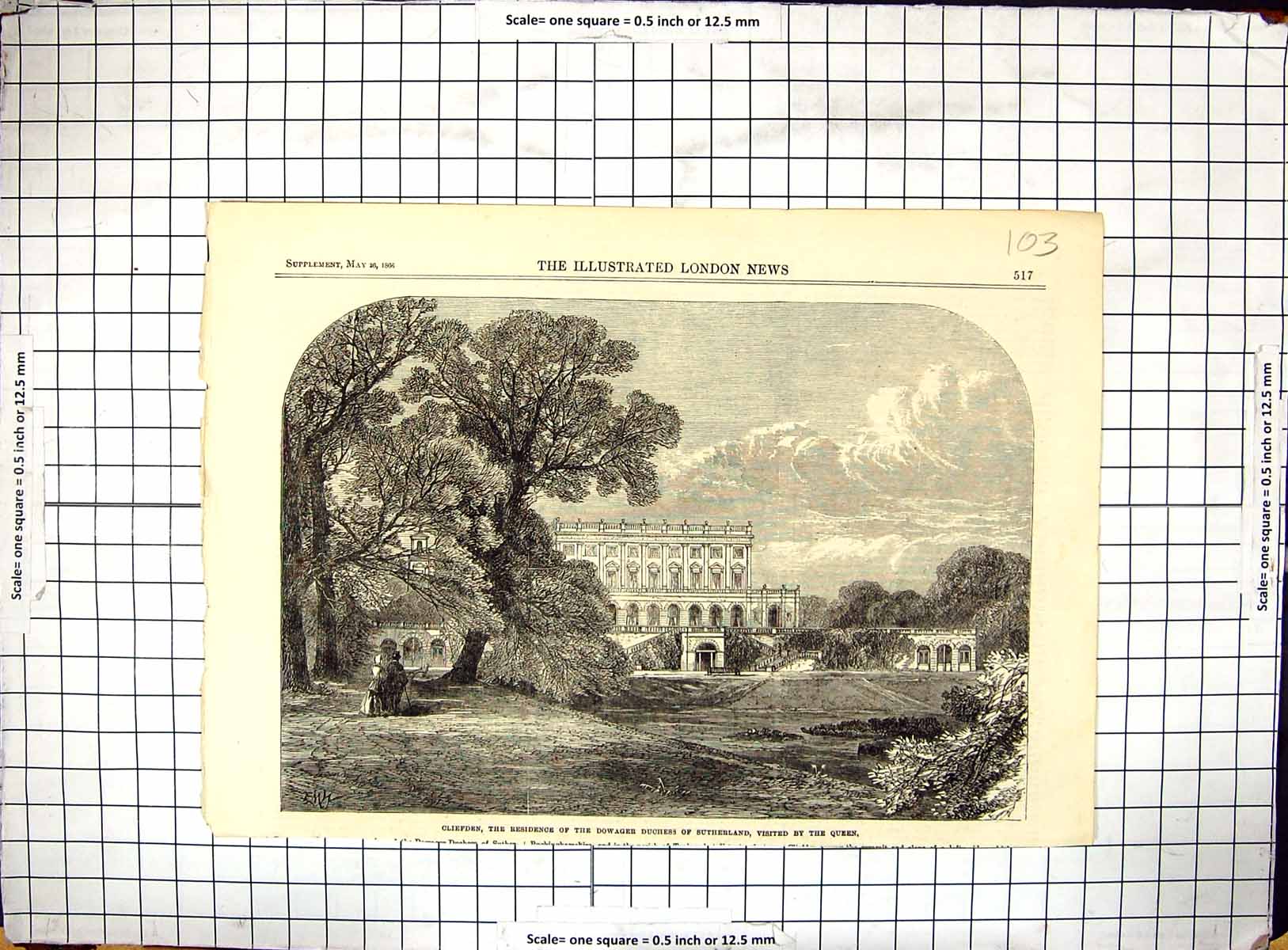 Original Old Antique Print 1866 Cliefden Dowager Sutherland Mansion House 19th