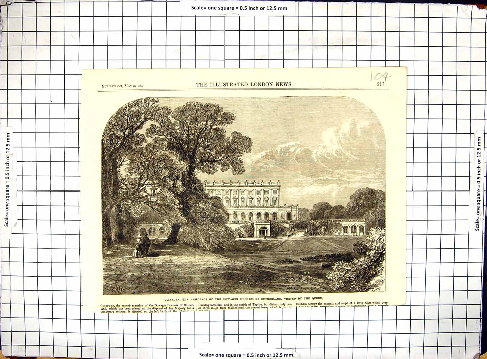 Antique Old Print 1866 Cliefden Dowager Sutherland Mansion House Architecture