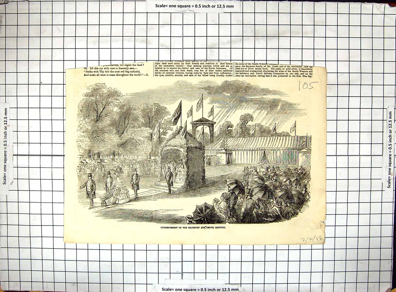 Antique Old Print 1856 Scene Commencement Salisbury Yeovil Railway Ceremony
