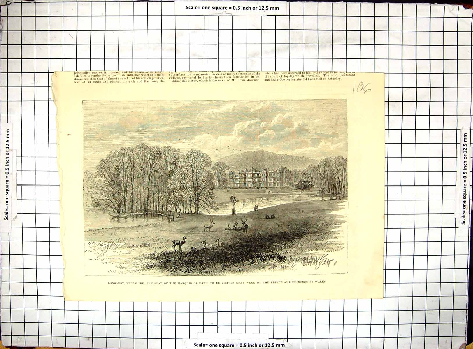 Antique Old Print View Longleat Wiltshire Marquis Bath Mansion House Stags