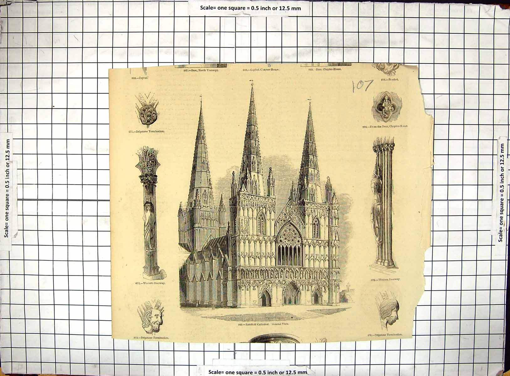 Antique Print Architecture Lichfield Cathedral Dripstone Chapter House Door