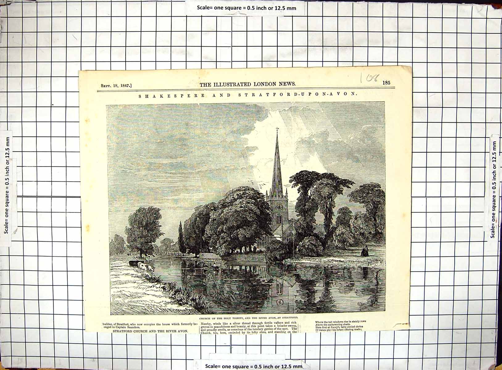 Antique Print 1847 View Church Holy Trinity River Avon Stratford-Upon-Avon 19th