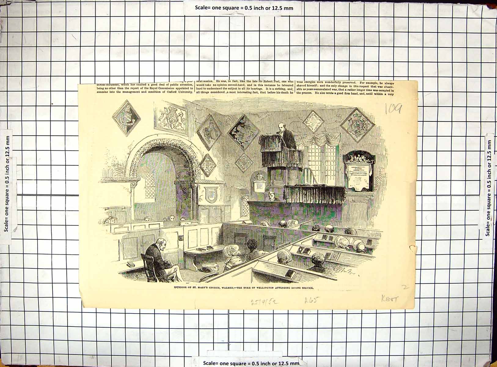 Old Print 1852 Interior St. Mary'S Church Walmer Duke Wellington Service 19th