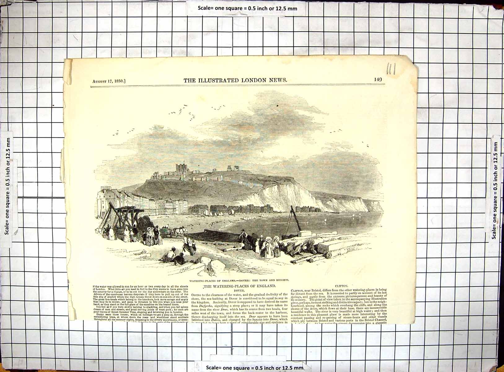 Antique Old Print 1850 Watering-Place England View Dover Houses Cliffs Kent
