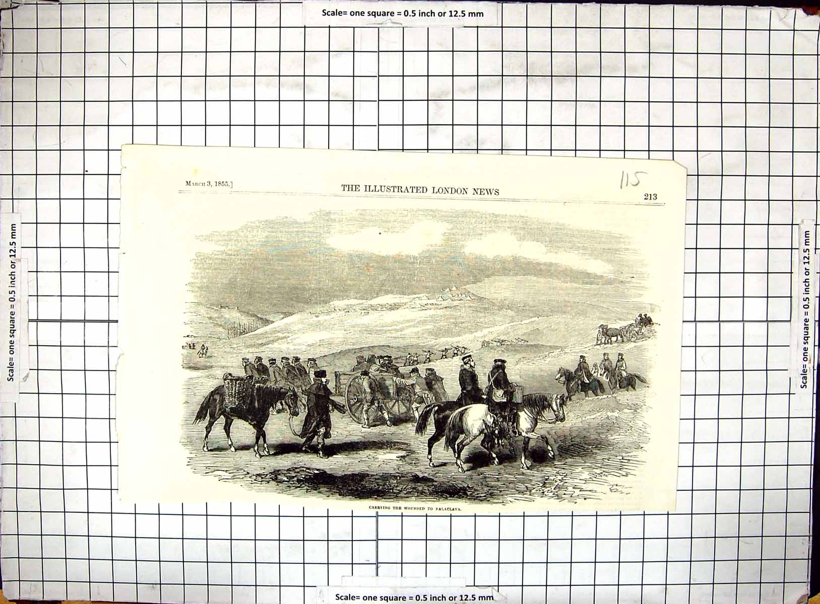Original Old Antique Print 1855 War Scene Carrying Wounded Siers Balaclava 19th