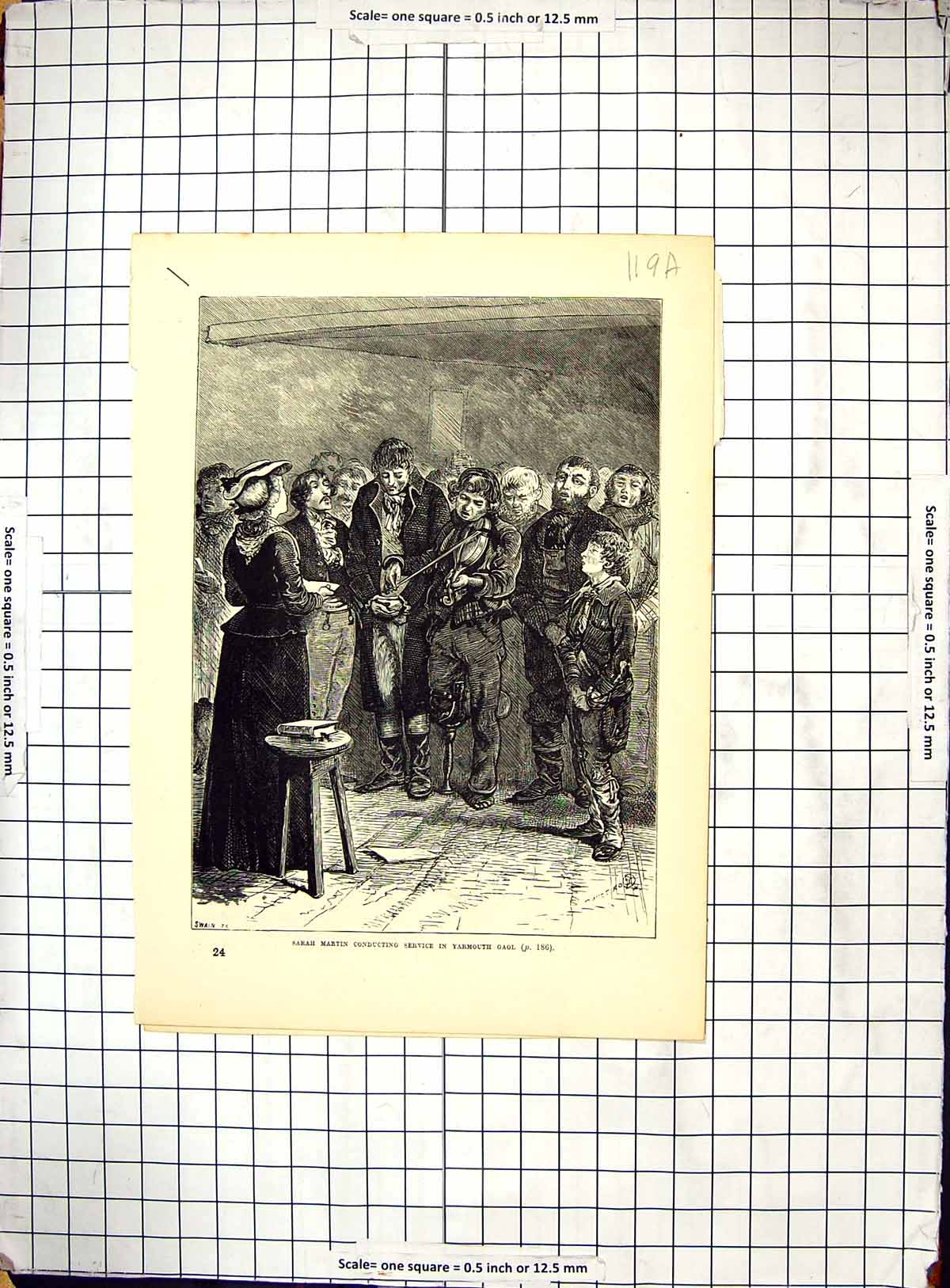 Old Antique Print Sarah Martin Music Service Yarmouth Prison Prisoners