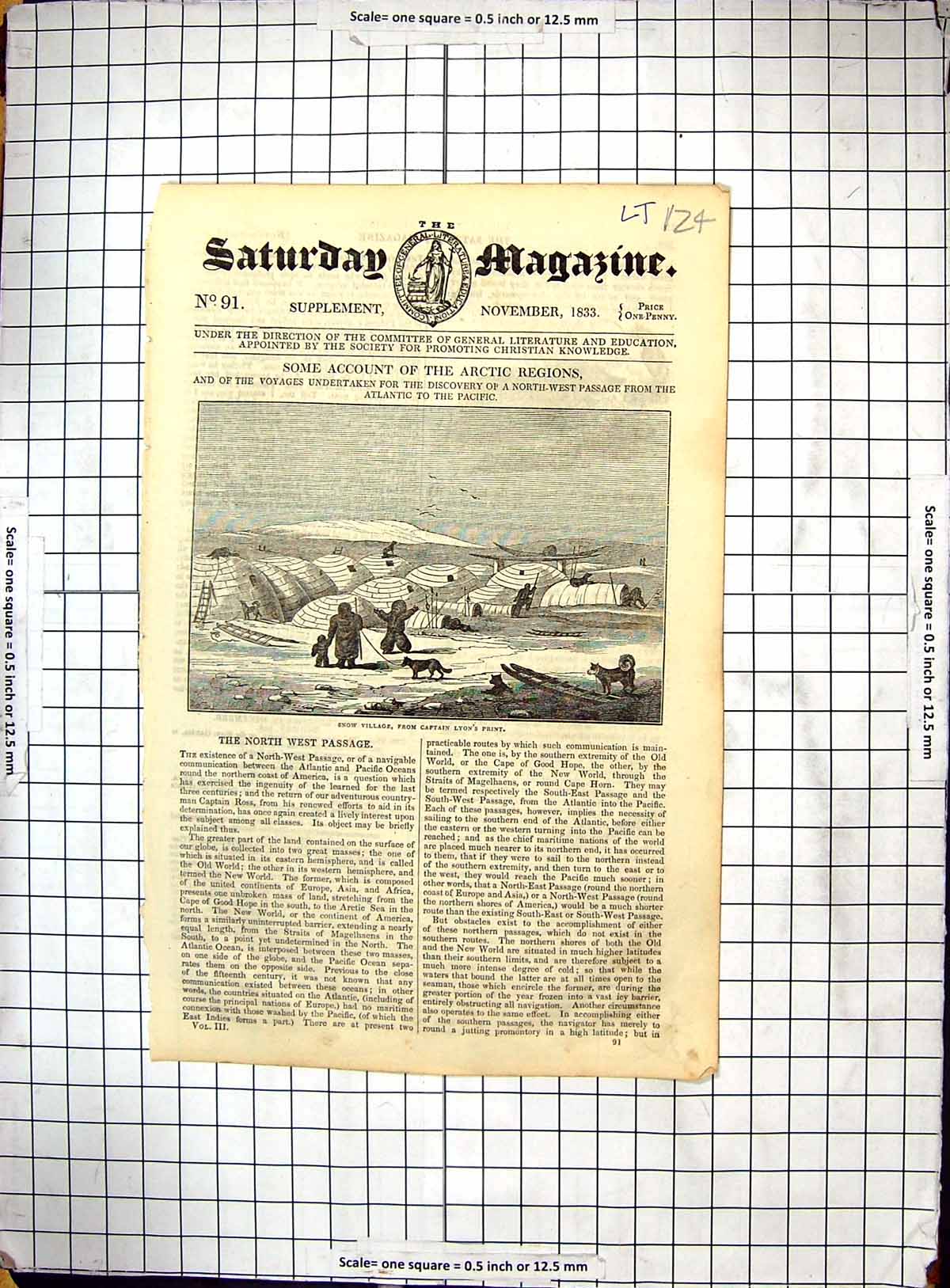 Original Old Antique Print Arctic Snow Village Captain Lyon Esquimaux Dogs