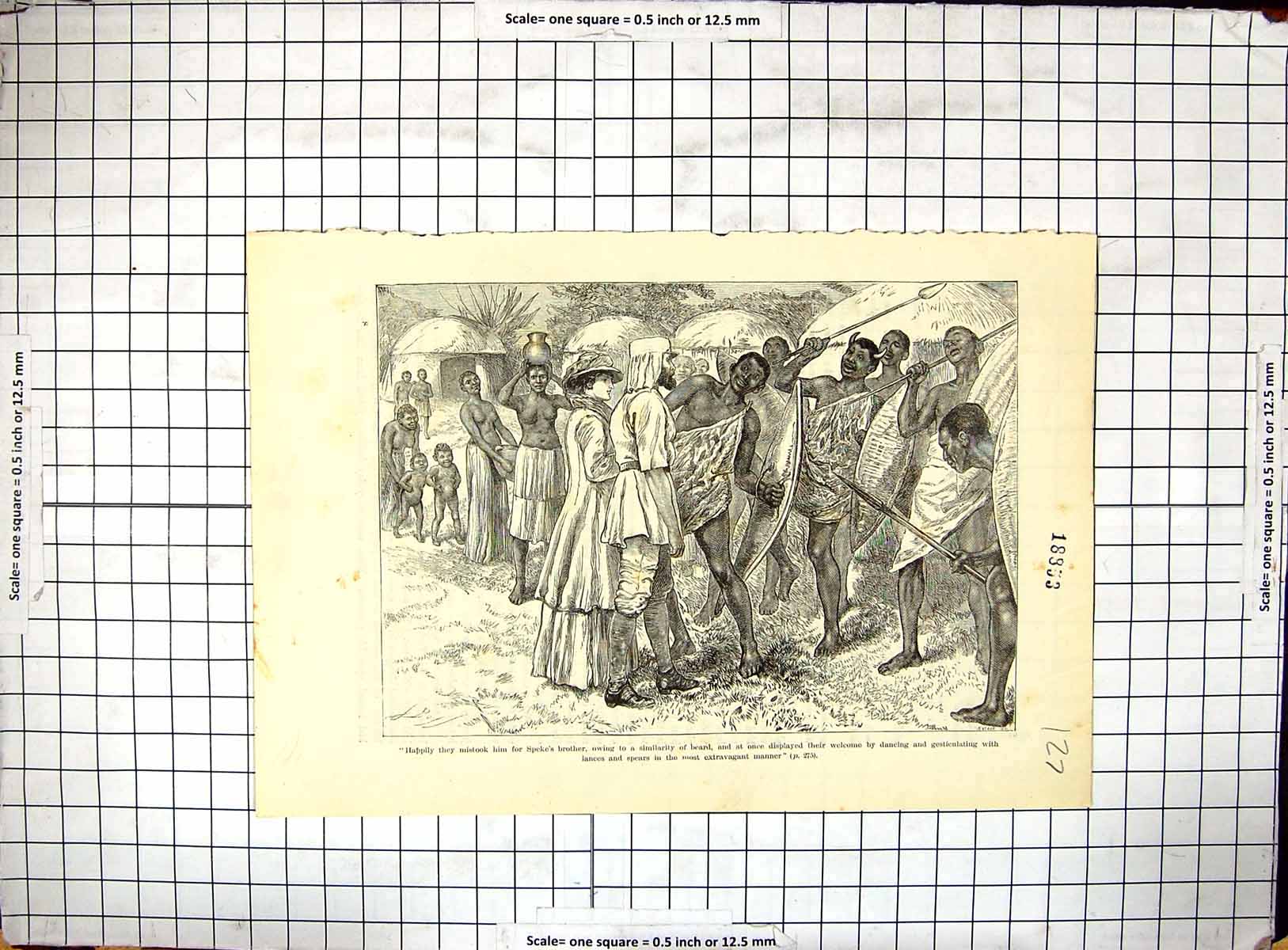 Original Old Antique Print Speke Africa Natives Dancing Spears Lances
