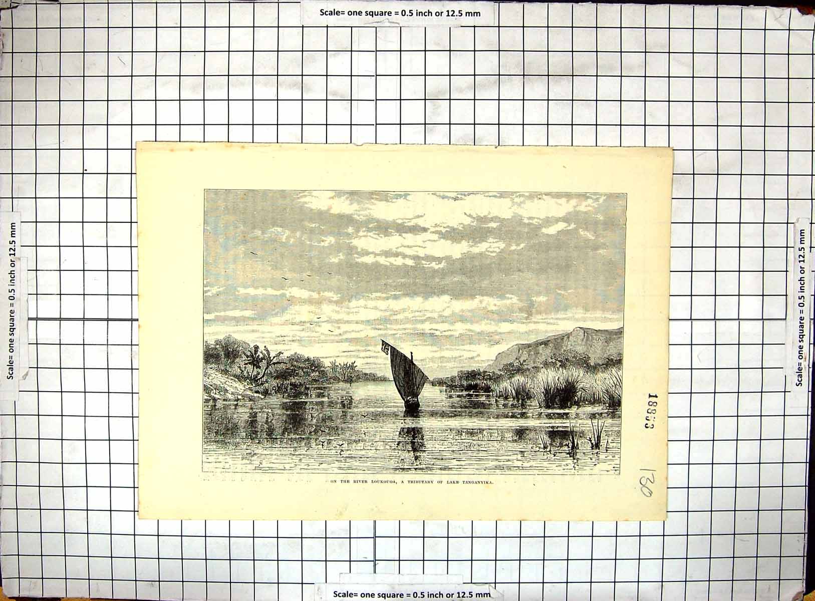 Original Old Antique Print Scene River Loukouga Tributary Lake Tanganyika Boat