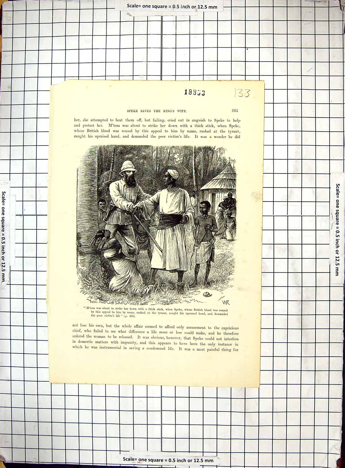 Original Old Antique Print Speke Africa M'Tesa Capricious Chief Tyrant Weapons