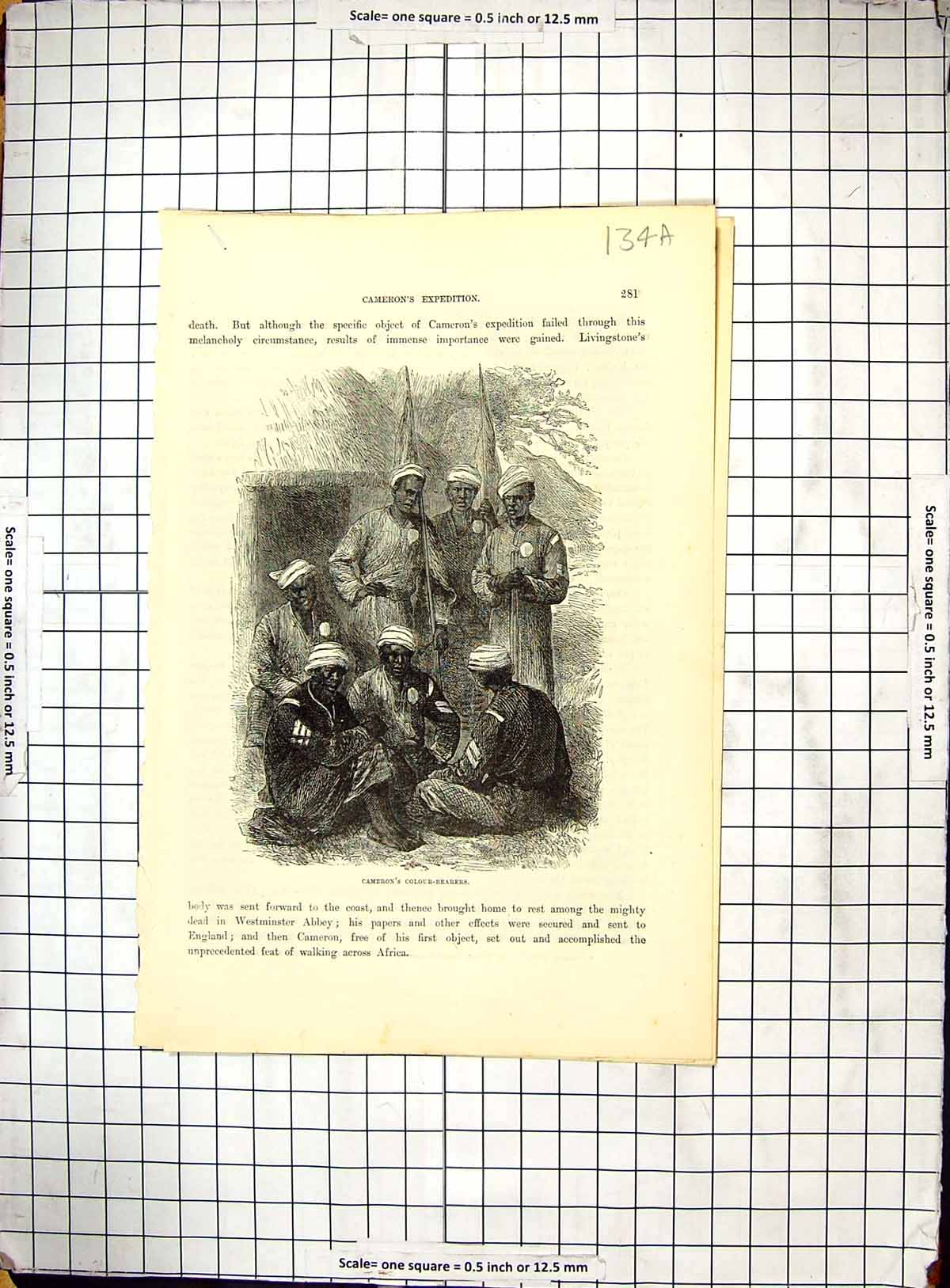 Antique Old Print Cameron Colour-Bearers Lieutenant Cameron Africa Traveller