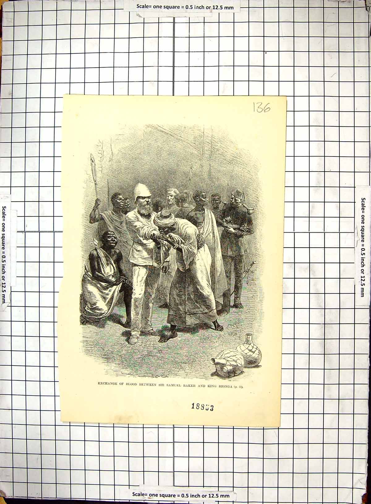 Original Old Antique Print Scene Exchange Blood Samuel Baker King Rionga Africa