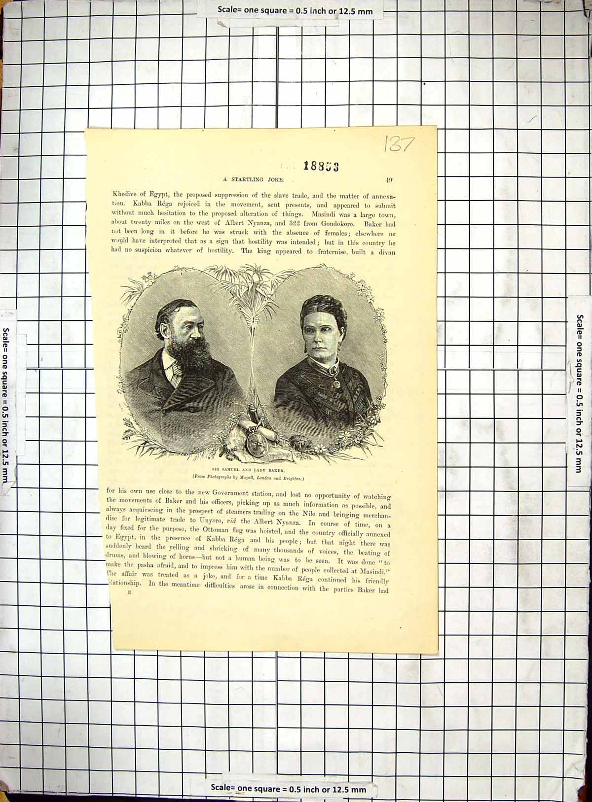 Original Old Antique Print Portrait Sir Samuel Lady Baker