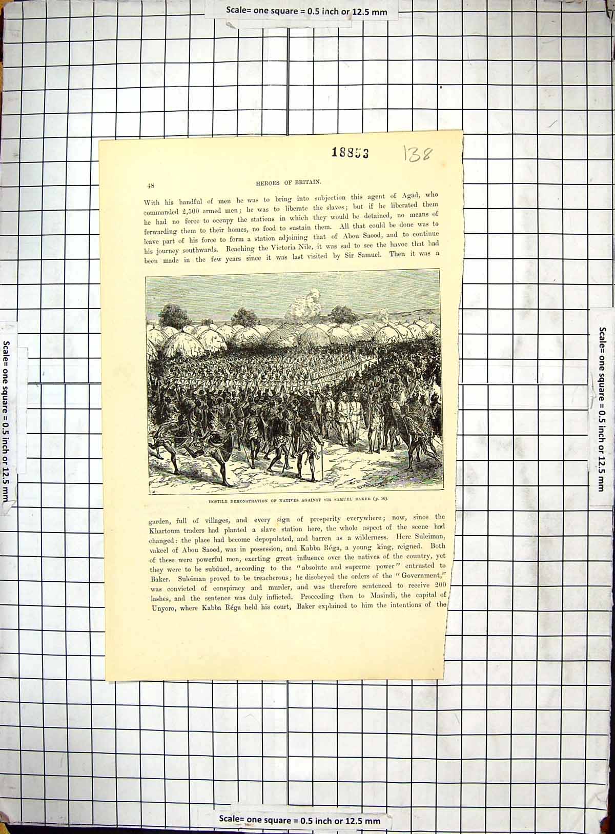 Original Old Antique Print Hostile Demonstration Natives Samuel Baker Africa