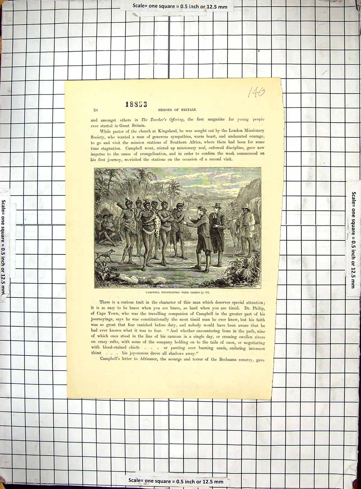 Original Old Antique Print Scene Campbell Negotiating Chiefs Africa Dr. Philip