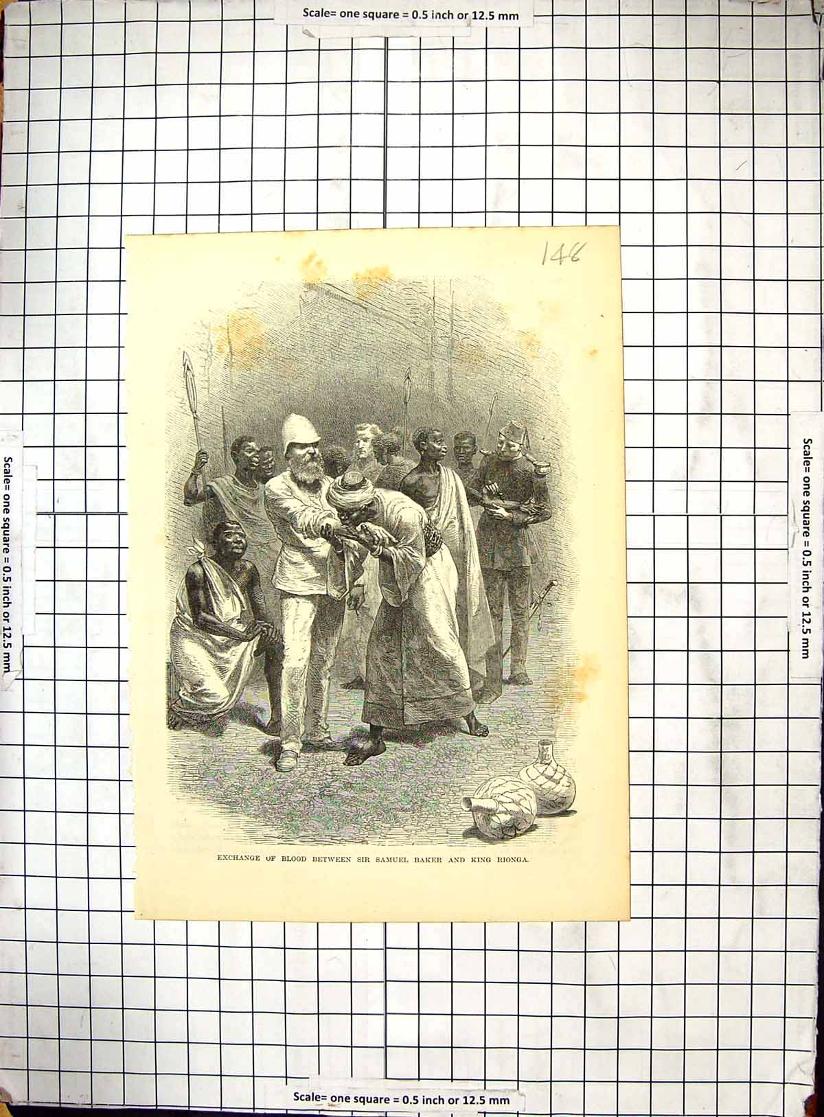 Antique Old Print Scene Exchange Blood Sir Samuel Baker King Rionga Africa