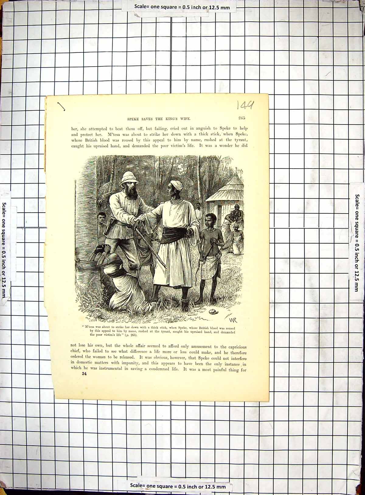 Original Old Antique Print Africa Speke King'S Wife M'Tesa Tyrant Murder