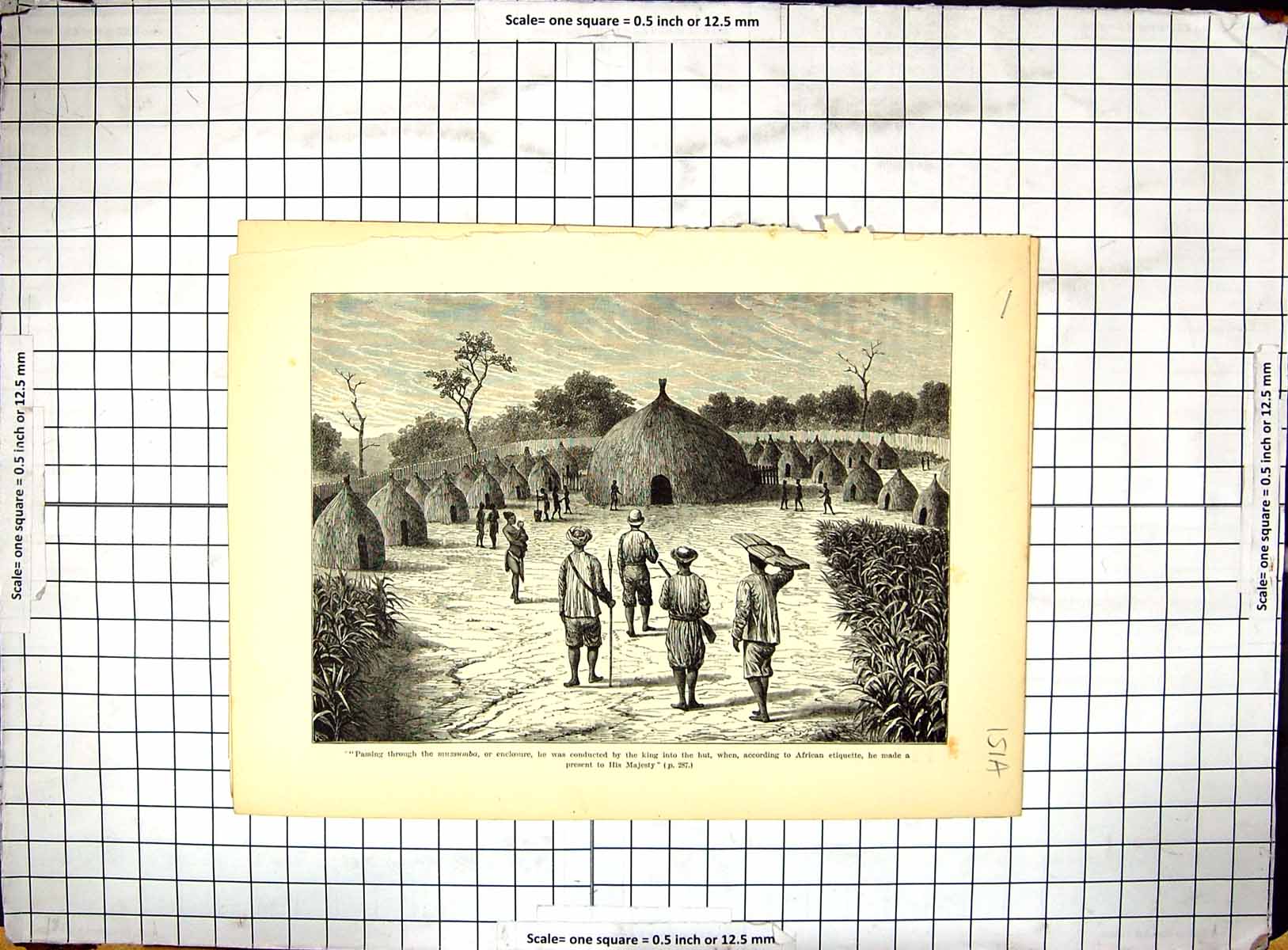 Original Old Antique Print Africa Mussumba King Hut Cameron Crossing Marsh
