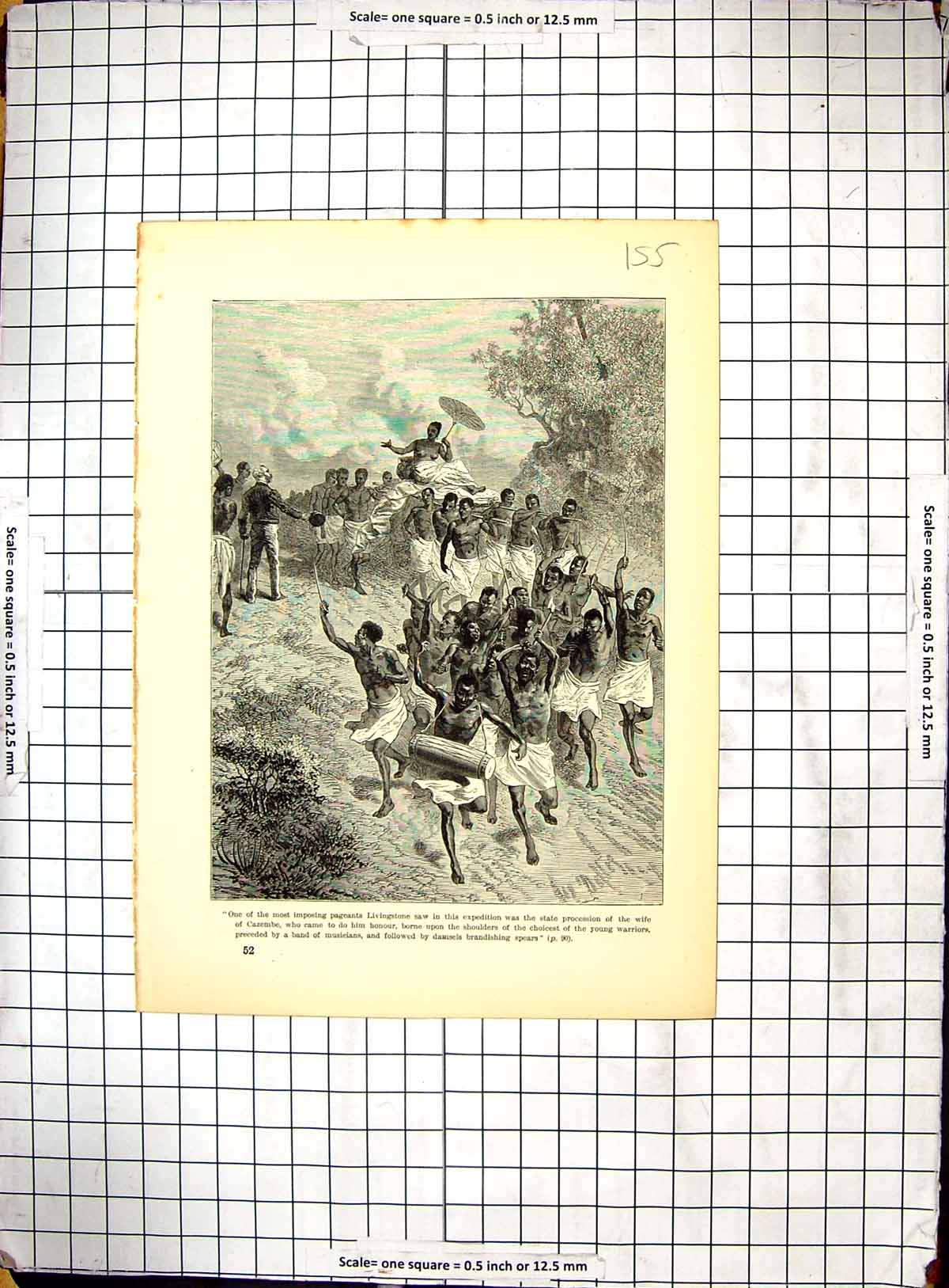 Original Old Antique Print Africa Livingstone Pageants Wife Cazembe Warriors