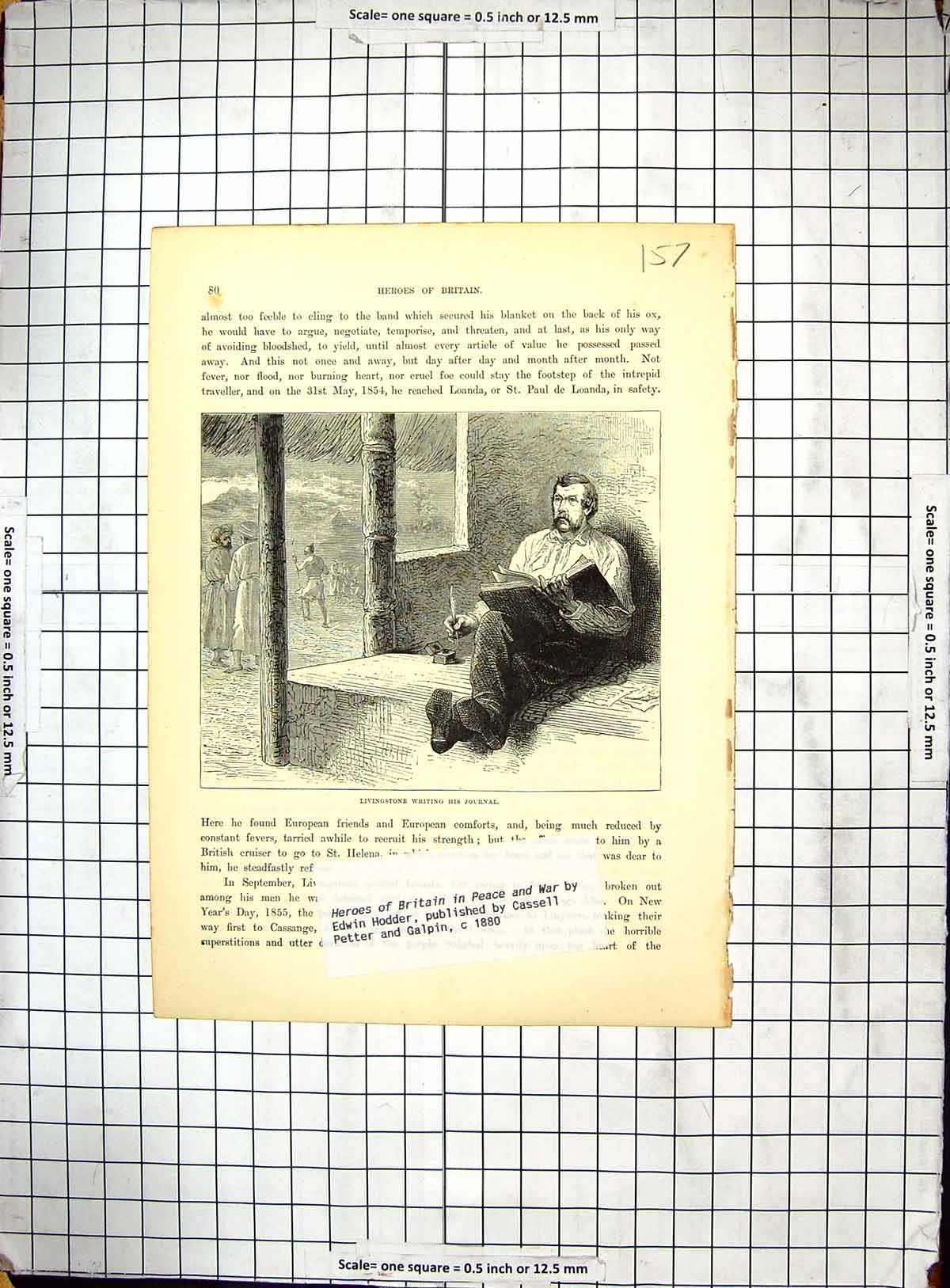 Original Old Antique Print Scene Livingstone Writing Journal Africa