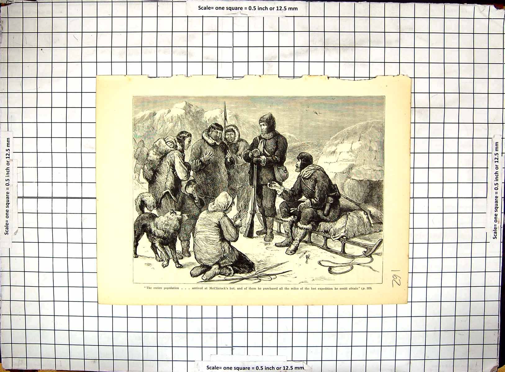 Old Antique Print Scene Mcclintock Hut Relics Lost Expedition Esquimaux