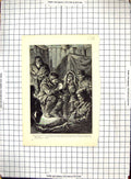 Original Old Antique Print Scene Room Small Fire Doctor Prayer Book Men