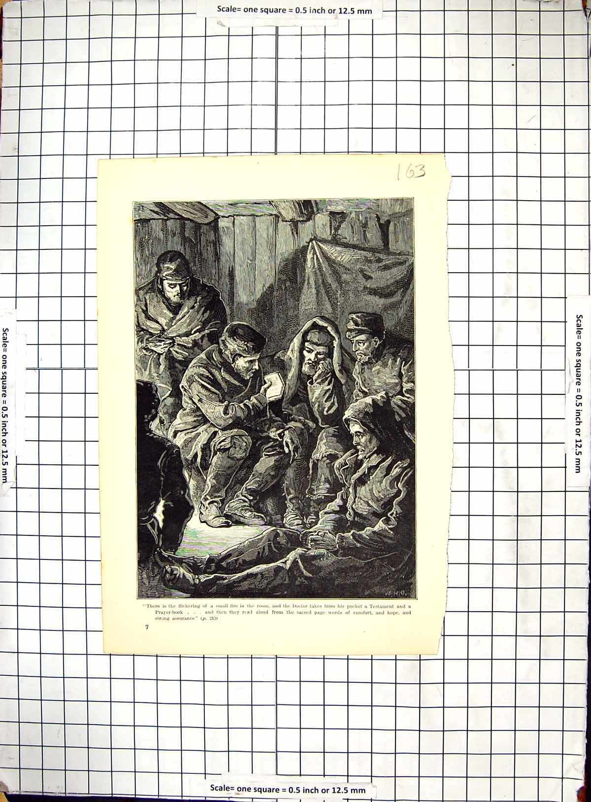 Original Old Antique Print Scene Room Small Fire Doctor Prayer Book Men